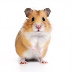 A waggishly adorable Roborovski hamster standing sideways on a plain white canvas.
