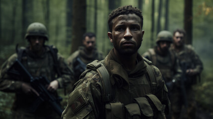 A group of modern soldiers in the forest. Gloomy background. The face of war.
