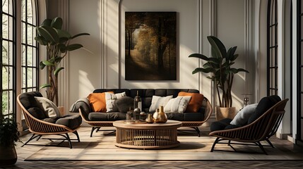  living room has various wicker chairs in the photo, in the style of graphic black and white, single object, henri rousseau, beige