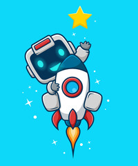 Cute robot riding rocket reaching star, vector cartoon illustration. Science Technology Icon Concept Isolated Premium Vector. Flat Cartoon Style