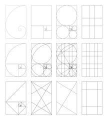 Set of golden ratio. Method golden sections. Fibonacci array and numbers. Harmony proportions. Outline template. Vector graphic illustration. Eps.	