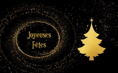 Carte de v&oelig;ux chic, tourbillon d'&eacute;toiles et sapin &eacute;toil&eacute;, Joyeuses F&ecirc;tes en Fran&ccedil;ais