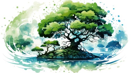Watercolor painting of a solitary tree on a lush island, surrounded by calm blue waters and a clear sky.