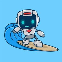 Cute robot surfboarding, vector cartoon illustration