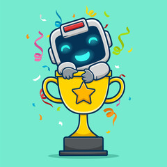 Cute robot on big trophy with confetti, vector cartoon illustration