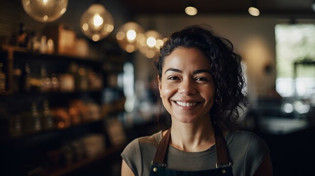  close up shot, a young and beautiful female local restaurant owner confidently smiles at the camera inside her restaurant.