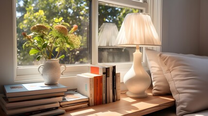two books with a lamp in a room, with a window and windowpanes, in the style of photo-realistic landscapes