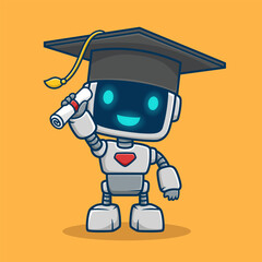 Cute robot with graduation hat with diploma, vector cartoon illustration