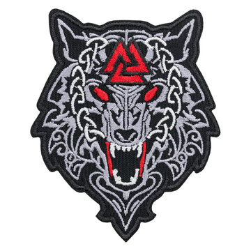 Embroidered patch wolf with Valknut. Viking style. Asatru Nordic tradition. Odin Punk Rock, Heavy Metal, Death. Accessory for rockers, metalheads, punks, goths.