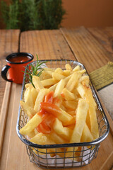French fries cut into sticks with ketchup tasty and healthy food street food carbohydrate bar