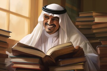 Saudi sheikh man, in class with books - obrazy, fototapety, plakaty