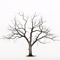 A barren, leafless tree standing alone on a stark white surface.