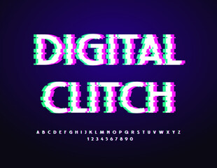 Vector Digital Glitch style Font. Set of futuristic Alphabet Letters and Numbers