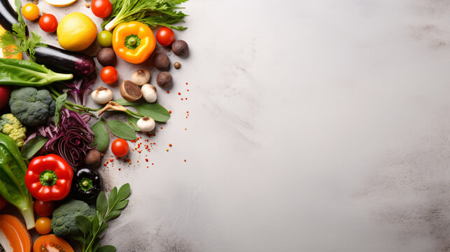 A fresh assortment of fruits and vegetables with high resolution encryption on a white backdrop, providing ample space for copy.