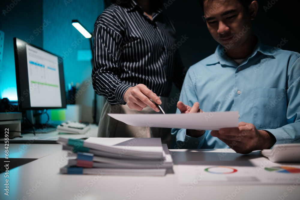 Poster discuss startup business with the team at the office, work together as a team, explaining the report
