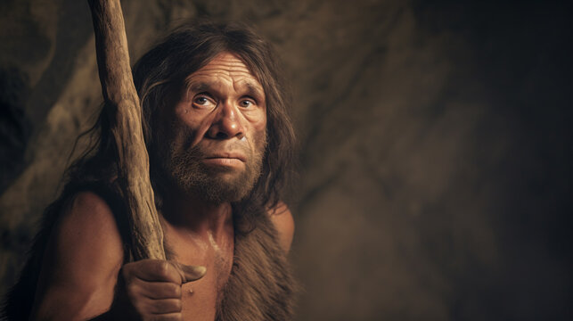 Neanderthal equipped with lance, challenging Homo Sapiens anthropology and evolutionary speculation.