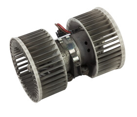 Heater fan - spare part and element of car air conditioning system on white isolated background. Auto service industry. Spare parts catalog.