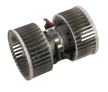 Heater fan - spare part and element of car air conditioning system on white isolated background. Auto service industry. Spare parts catalog.