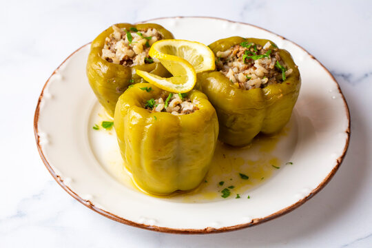 Traditional delicious Turkish food; stuffed bell peppers with meat (Turkish name; Etli biber dolmasi)