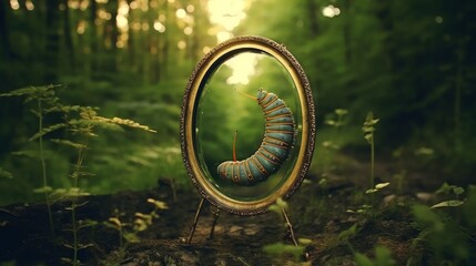 A little caterpillar that sees itself as a butterfly when it looks in the mirror  - obrazy, fototapety, plakaty