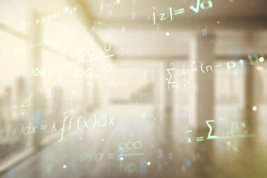 Scientific formula hologram on empty classroom background, research concept. Multiexposure - Powered by Adobe