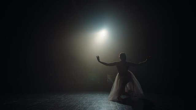 Ballet dancer reverence after performance. Silhouette of young ballerina on stage in spotlight