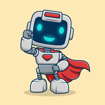 Cute robot superhero, vector cartoon illustration. Science Technology Icon Concept Isolated Premium Vector. Flat Cartoon Style