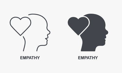 Empathy, Passion, Sympathy Feeling Silhouette and Line Icon Set. Kindness and Inspiration, Intellectual Process Symbol Collection. Heart Shape and Human Head Pictogram. Isolated Vector Illustration