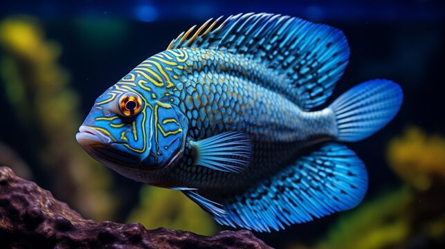 A close-up shot of an Electric Blue Acara, highlighting the fine details of its iridescent scales and the mesmerizing patterns on its fins, shot in high resolution