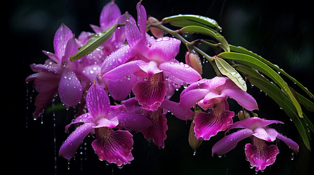 Beautiful wild orchid blooming in tropical forest during the rain.
