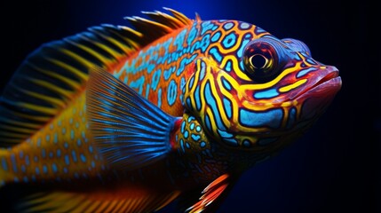 A close-up view of a Peacock Cichlid's intricate fin details and vibrant colors, in a stunning full ultra HD underwater portrait.