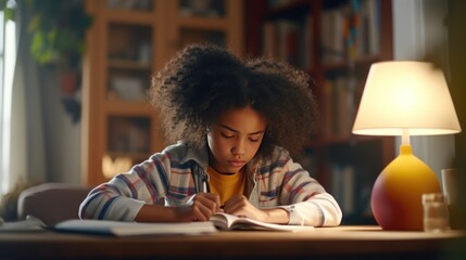 Concentrated black girl child doing his homework at home. The boy struggles to read a book. Education, school, learning disability, reading difficulties, dyslexia concept generative ai - obrazy, fototapety, plakaty