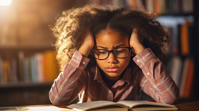 Concentrated black girl child doing his homework at home. The boy struggles to read a book. Education, school, learning disability, reading difficulties, dyslexia concept generative ai