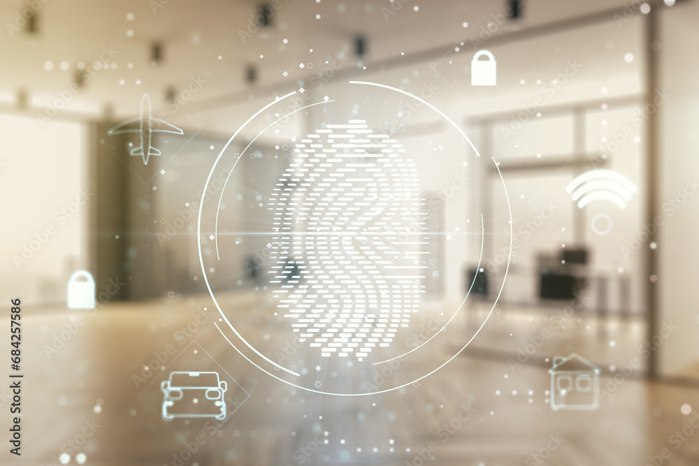 Aufkleber Multi exposure of virtual abstract fingerprint illustration on a modern furnished office background, digital access concept