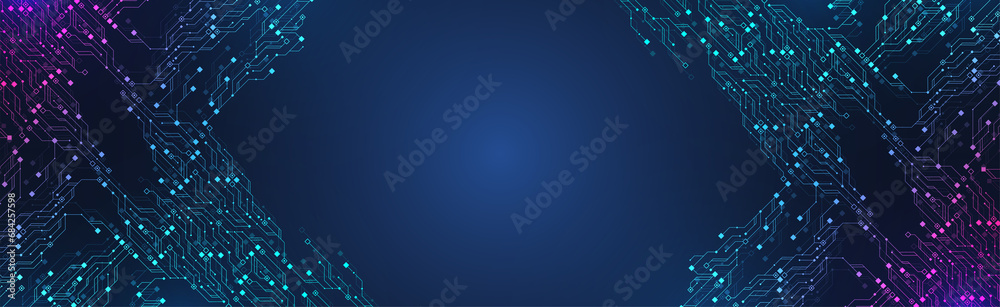 Poster Quantum technologies concept. Deep learning artificial intelligence. Circuit board texture background design. Big data algorithms visualization. Neural networks illustration.