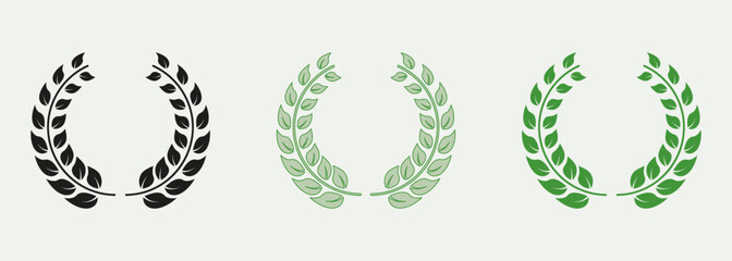Chaplet Symbol Collection, Foliate Round Vintage Victory Emblem. Laurel Wreath Color Icon Set. Green Leaf, Winner Award Pictogram. Circle Greek Olive Tree Branch. Isolated Vector Illustration - obrazy, fototapety, plakaty