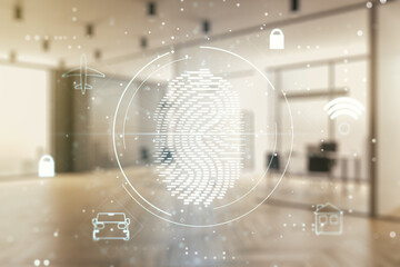 Multi exposure of virtual abstract fingerprint illustration on a modern furnished office...