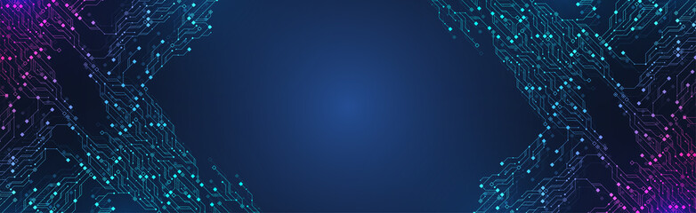 Quantum technologies concept. Deep learning artificial intelligence. Circuit board texture background design. Big data algorithms visualization. Neural networks illustration.