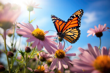Obraz premium Beautiful Monarch butterfly (Danaus plexippus) on the flower close up