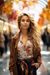 Fototapeta premium A blonde in an autumn coat is walking in the park. Seasonal photo. Glamor Fashion