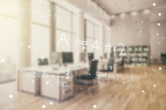 Double exposure of scientific formula hologram on modern corporate office background, research and development concept