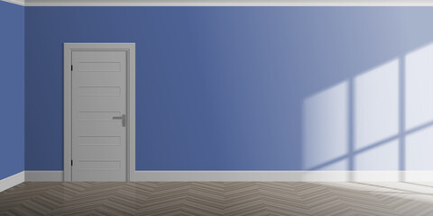 empty blue color room interior with closed entrance  door wooden floor window light vector illustration