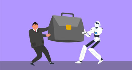 businessman and robot pulling the briefcase competition fighting conflict vector illustration