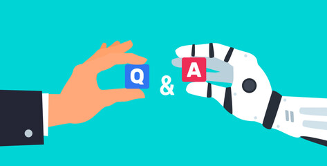 man and robot hands with q and a blocks question and answer artificial intelligence concept vector illustration