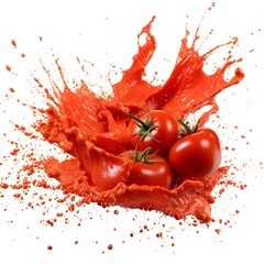 A splash of tomato sauce with flying tomatoes. isolated on white background. Tomatoes. Ripe tomatoes. Vegetarian. diet. Vitamins.