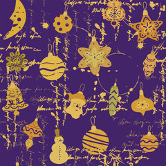 Fototapeta premium Christmas toys, balls retro seamless pattern doodle decoration. Illegible text