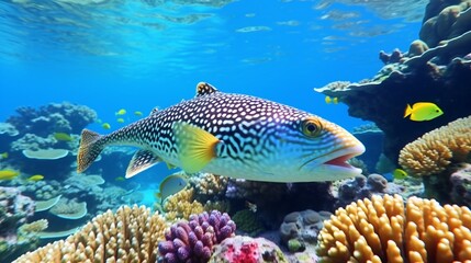 A colorful spotted pufferfish swimming gracefully in a vibrant coral reef, captured in stunning