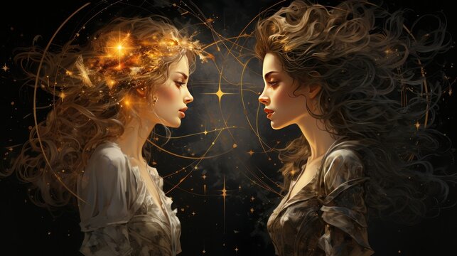 two girls face to face, a blonde and a brunette, symbol confrontation and balance, banner, poster