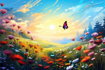 Spring meadow with blooming flowers and butterflies