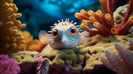 A curious pufferfish inspecting a colorful piece of coral, with its mesmerizing eyes and unique features, captured in brilliant